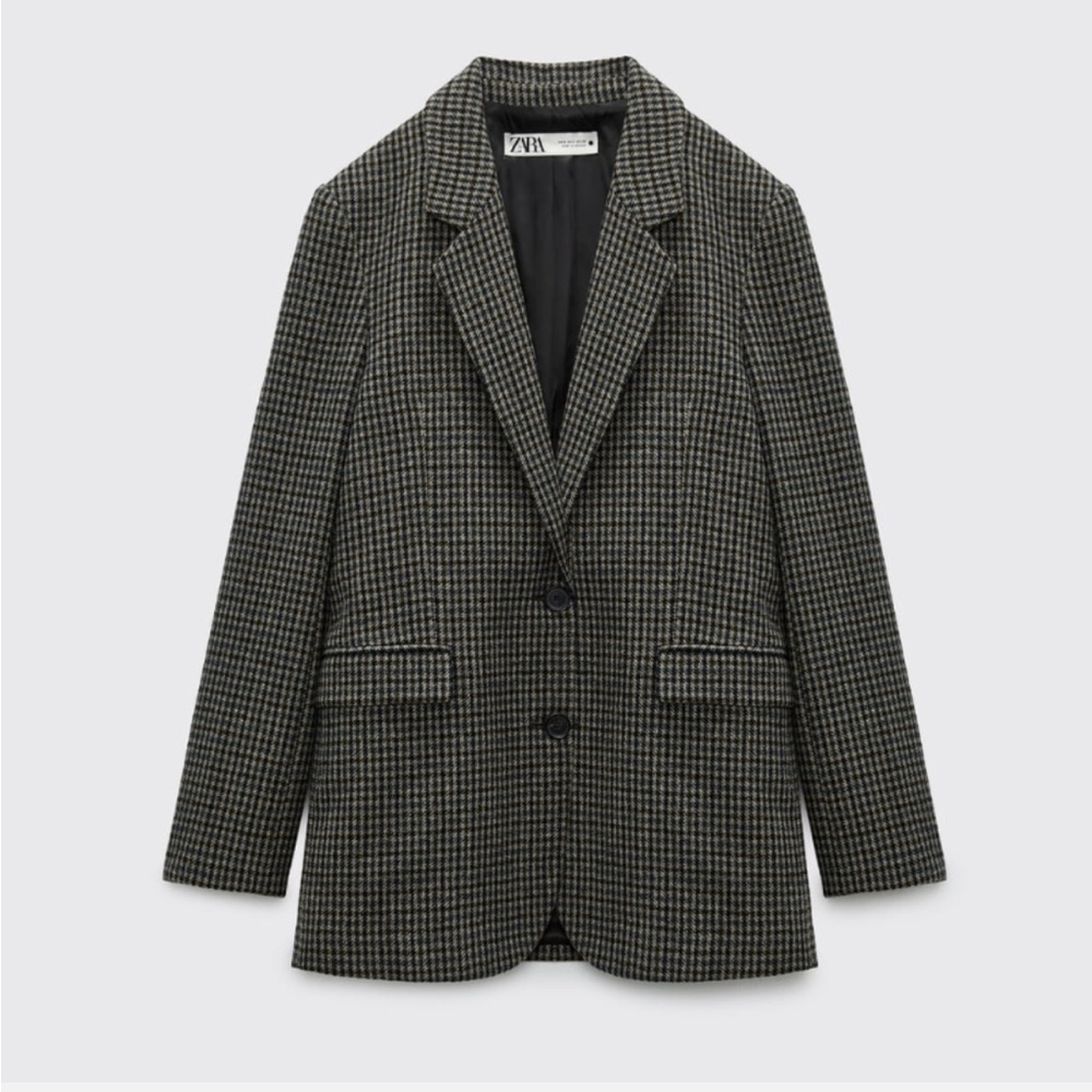 NWT Zara Women’s Wool Blend Plaid Blazer Check Taupe/Brown/Blue/Gray in XS